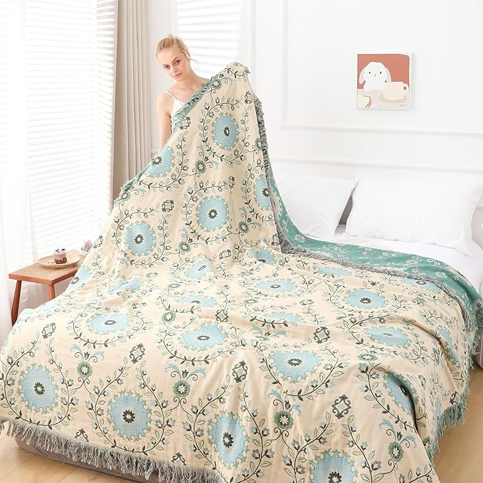 Snycler Boho Throw Blanket for Bed - 100% Cotton Ultra Soft Rustic Quilt - Blue Boho Floral Printed Farmhouse Decor Bed Blankets, 80"×90" All Season Rustic Throw for Sofa Couch Chair