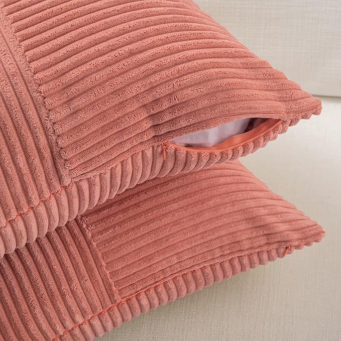 Fancy Homi 2 Packs Coral Long Lumbar Decorative Throw Pillow Covers 12x24 Inch for Couch Bed Sofa, Rustic Farmhouse Boho Home Decor, Soft Striped Corduroy Rectangle Accent Peach Cushion Case 30x60 cm