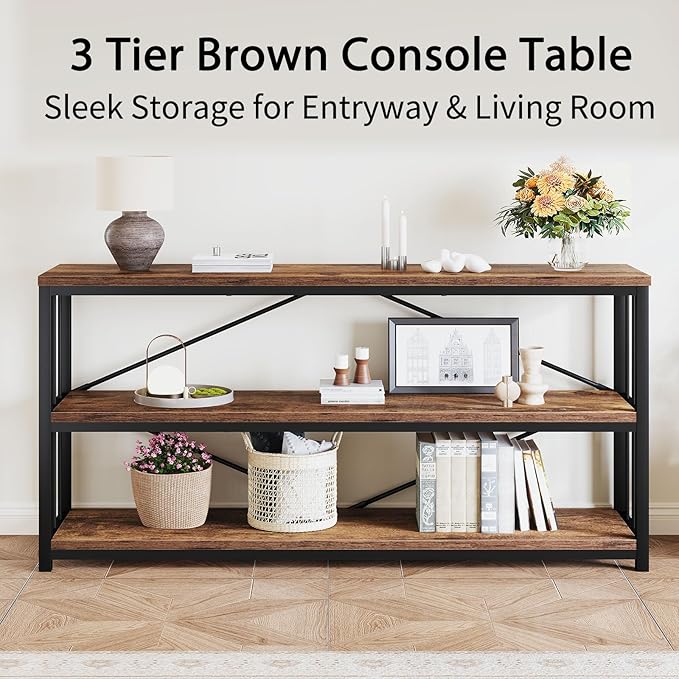 LVB Rustic Entryway Table, Industrial Extra Long Hallway Sofa Table, Wood Metal Narrow Console Table with Storage Shelf, Modern Skinny Couch Table for Foyer Living Room Bedroom, Rustic Brown, 70 Inch