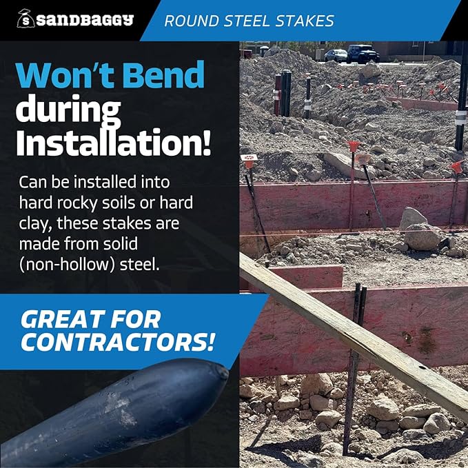 Sandbaggy Round Steel Concrete Form Stakes with Nail Holes - Rust Resistant Coating - Removable, Reusable (10, 3/4 in X 48 in)