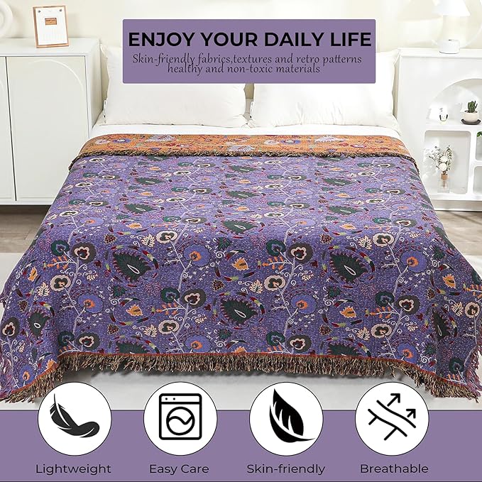 Boho Fall Throw Blanket for Bed Purple Flowers，100% Ultra Cotton Soft Breathable Bed Throw Floral Printed Farmhouse Decor Rustic Bed Throws for Couch Sofa Quilt 80" x 90"