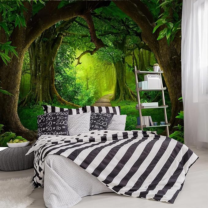 FENDROM Nature Forest Tree Cave Tapestry Wall Hanging Landscape Stream Through Green Rainforest Tapestries Jungle Creek Psychedelic Wall Blanket for Living Room