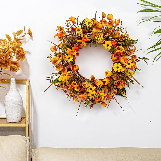 18 Inches Fall Wreaths for Front Door Rustic Autumn Wreath Farmhouse Fall Floral Wreaths with Tulips Phalaenopsis Orange Wildflowers for Wall Window Porch Indoor Outside Decor