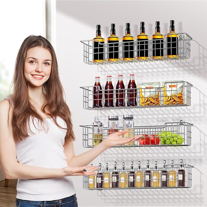 Spice Rack Wall Mount, 4-Pack Seasoning Organizer for Kitchen Storage Organization, Spice Holder Shelf Saving Space for Cabinet, RV, Pantry, Silver