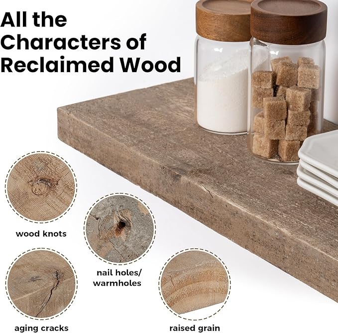 Floating Shelves | 8" Deep Rustic Reclaimed Barnwood Wall Hanging Shelves with Invisible Heavy-Duty Metal Bracket | Wall Mounted | Farmhouse Style | 48 inches, 2 PCs, Distressed Natural