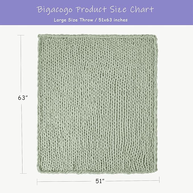 Bigacogo Chunky Knit Throw Blanket for Couch, 51x63 inches, 100% Hand Knitted with Thick Jumbo Chenille Yarn, Cozy Soft Large Rope Knot Cable Crochet Blankets for Sofa Bed Living Room, Sage Green