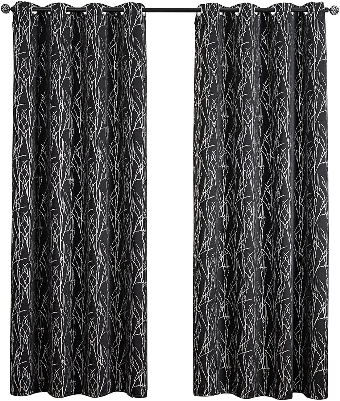 Grommets Blackout Long Window Curtains Black Silver-52W*108L 2PCS Drapes for Bedroom
