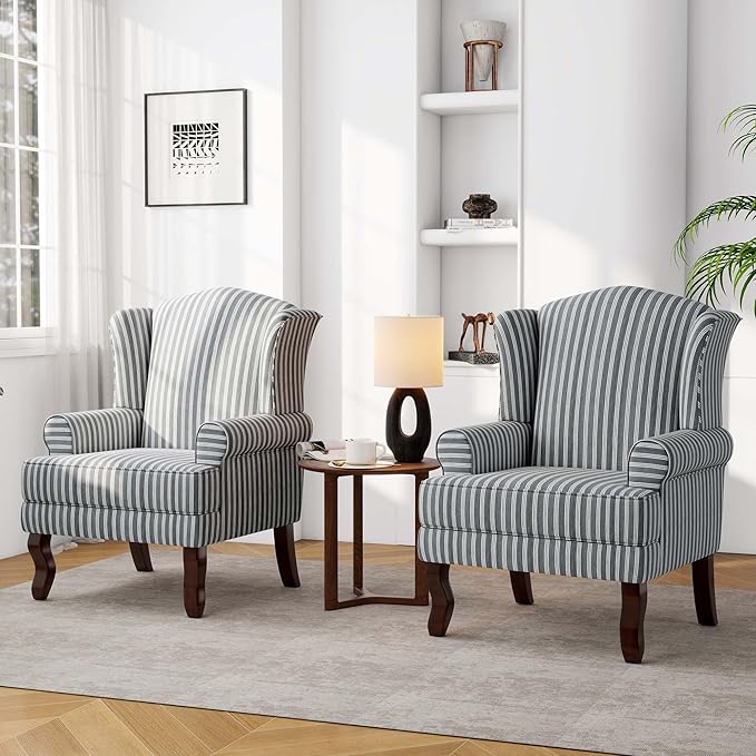 Accent Chair, High Back Upholstered Armchair with High Resilience Sponge & Wood Legs, Mid-Century Modern Comfy Single Sofa Reading Chairs for Living Room, Bedroom (Stripe Grey, Set of 2)