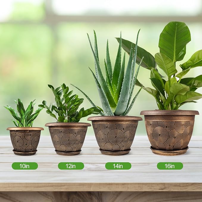 16 Inch Large Planter Pot for Plants Indoor Outdoor, 4 Pack Plastic Flower Pots with Drainage Hole & Tray, Modern Decorative Garden Pot with Saucer, Plant Container for House