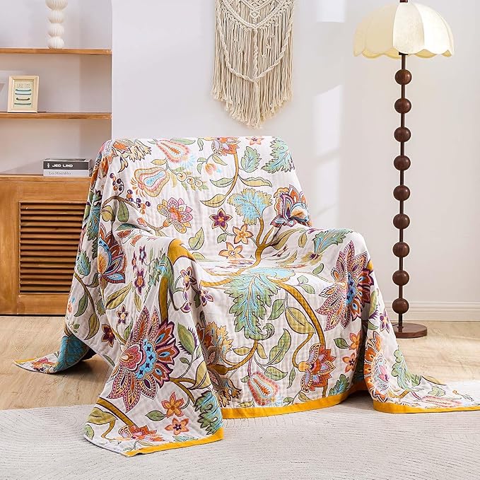 Boho Throw Blanket for Bed, 100% Cotton Soft Rustic Quilt Fall Blanket, 60"x80" Floral Printed Farmhouse Decor Bed Blankets, All Season Rustic Reversible Bohemian Throw Quilt