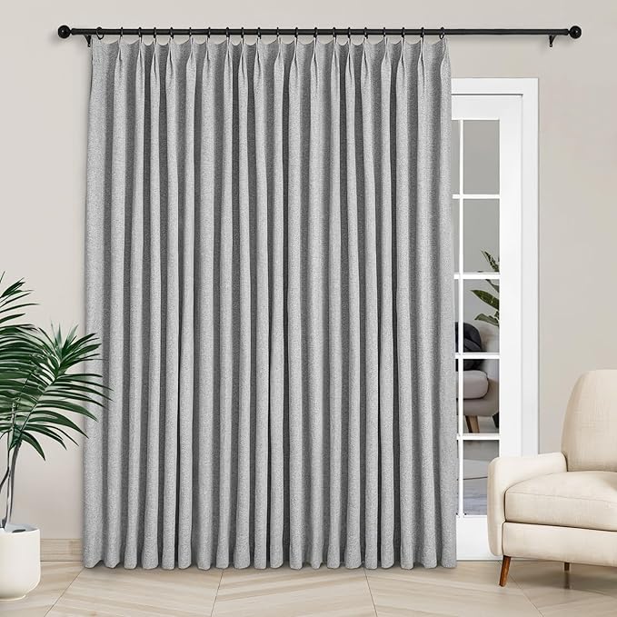 Macochico 100”Wx96”L Pinch Pleated 100% Blackout Linen Curtains Thermal Sliding Curtains for Bedroom Living Room Sliding Glass Door Farmhouse Shabby Chic Light Grey Drapery with Tieback 1 Panel