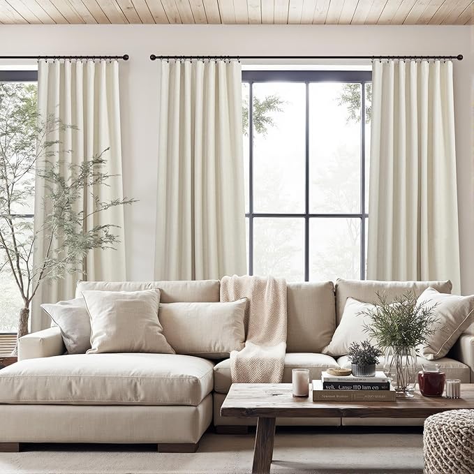 Linen Farmhouse Blackout Curtain for Bedroom Window 90 Inch Long Burlap Colored Cloth Cotton Vintage Decorative Weather Noise Reduction Drape Oatmeal Beige Curtain for Patio Door 7.5 ft Length 2 Panel
