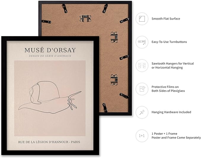 Poster Master Vintage Poster - Retro One Line Snail Drawing Print - Snail Line Art - Minimal Gift for Men, Women, Animal Lover - Abstract Wall Decor for Home, Office, 8x10 Black Framed