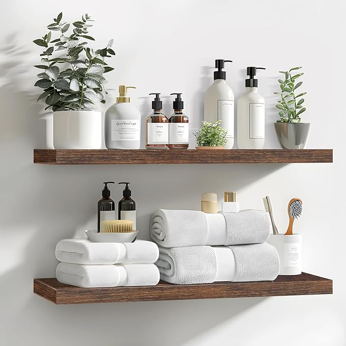 LaVie Home Floating Shelves, 24 Inch Wall Shelf Set of 2, Hanging Shelf with Invisible Brackets, Wall Decor for Bathroom, Bedroom, Living Room, Kitchen Storage, Rustic Brown