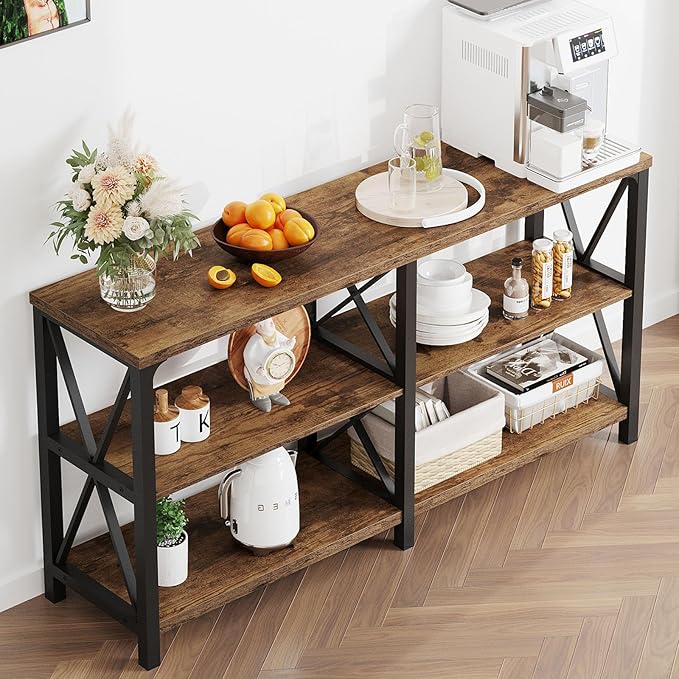 LVB Wood Console Table, Rustic 3 Tier Sofa Table Behind Couch, Industrial Metal Entryway Table with Storage Shelf, Farmhouse Wooden Foyer Hallway Table for Entry Living Room, Rustic Brown, 55 Inch