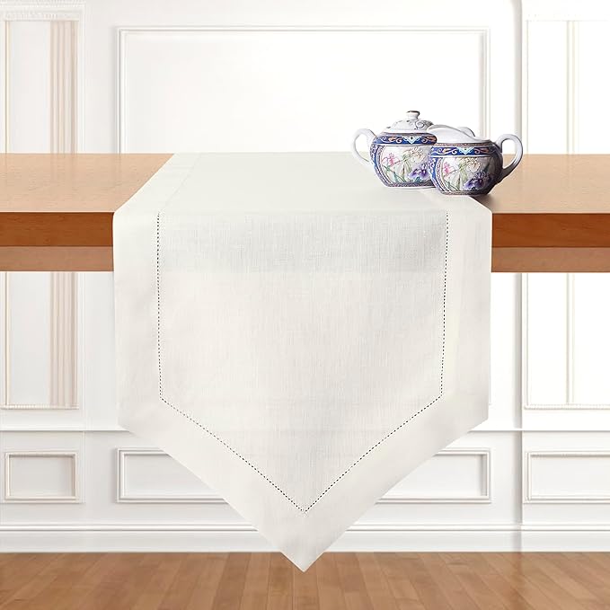 D'Moksha Homes Ivory Linen Table Runner 120 Inches Long - 100% Pure Linen Diamond Table Runner 14 x 120 Inch for Dining, Fall and Halloween - Machine Washable