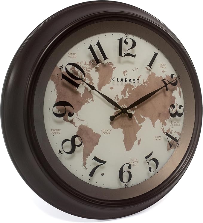 CLXEAST 18 Inch Illuminated Wall Clock with Smart LED Light Sensor, Large Modern World Map Wall Clocks for Living Room Decor,Oil Rubbed Bronze,Unique House Warming Gifts