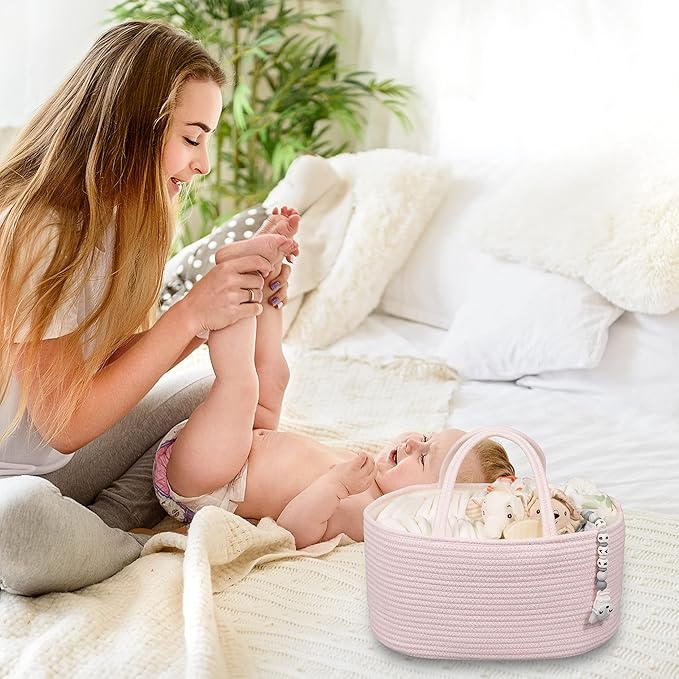Large Baby Diaper Caddy Organizer for Girl Boy Rope Nursery Storage Bin Basket Portable Holder Tote Bag for Changing Table Car Travel Baby Shower Gifts Newborn Essentials Registry Must Haves Pink