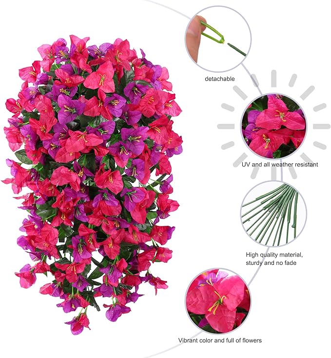Faux Bougainvillea Artificial Flowers Plants for Outdoors Outside Decoration, 2pcs Fake Flowers Silk Long Trailing Vines UV Resistant Realistic for Front Door Porch Planter Urn Patio Balcony Yard, Mix
