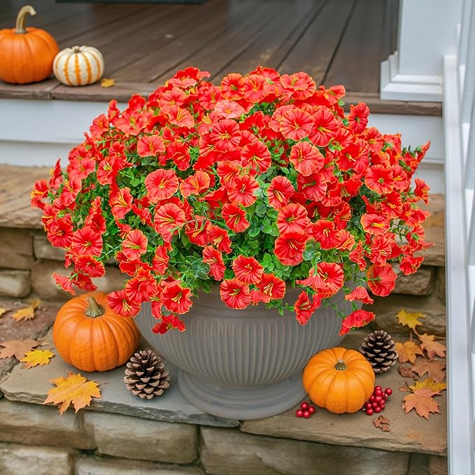 Artificial Fall Flowers Fake Plants for Outdoors Autumn Decoration, 12 Bundles Orange Silk Morning Glory with Eucalyptus Look Real UV Resistant Faux Flowers for Outside Planters Front Door Yard Indoor