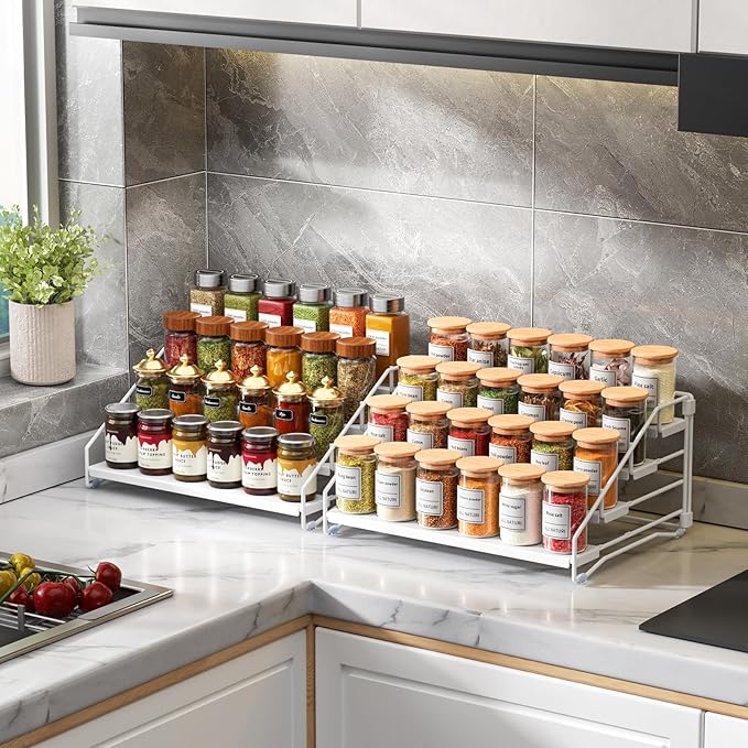 RCHYFEED Spice Rack Organizer for Cabinet,4 Tier Spice Organization for Cabinet Easy Visibility,Tierd Spice Rack Seasoning Organizer for Kitchen Countertop Pantry,Metal(White, 2Pack)