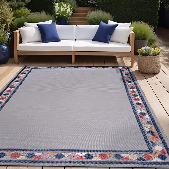 Beverly Rug Outdoor Rug 8x10 Modern Bordered Area Rugs for Indoor and Outdoor Patio Easy to Clean Non Shedding Living Room Porch Garden Washable Outside Carpet (8 x 10 Gray)