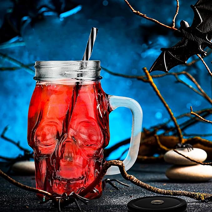 Halloween Cups Set of 4 - Skull Mason Jar with Lids Straws and Handle - Skull Drinking Glasses for Halloween Party Bar Decor (16 oz, Clear)