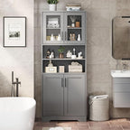 GarveeHome 67" Tall Storage Cabinet, Tall Bathroom Cabinet with Glass Doors and Adjustable Shelves, Freestanding Kitchen Pantry Cabinets, Cupboard for Living Room, Dining Room, Gray