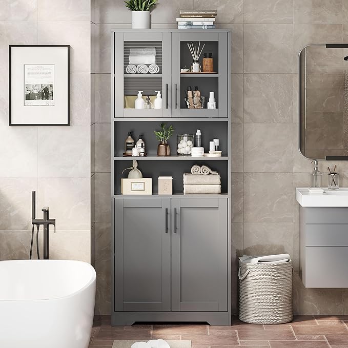 GarveeHome 67" Tall Storage Cabinet, Tall Bathroom Cabinet with Glass Doors and Adjustable Shelves, Freestanding Kitchen Pantry Cabinets, Cupboard for Living Room, Dining Room, Gray