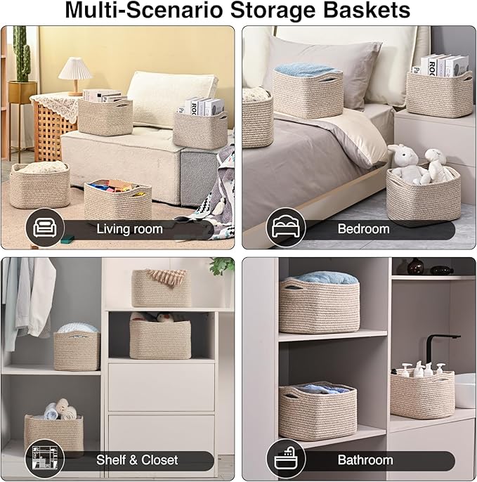 Small Storage Baskets for Shelves Organizing, Woven Cotton Rope Baskets for Storage, Book Basket, Decorative Shelf Basket, 12.5"Lx9.1''Wx7.9''H (4 Packs) Brown