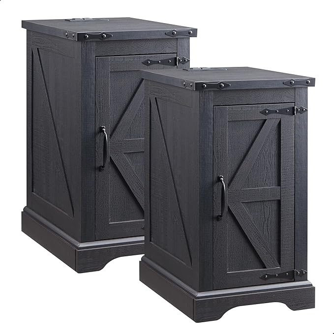 JXQTLINGMU Farmhouse Nightstand Set of 2 with Charging Station, 17" D Rectangular End Table with Barn Door & Adjustable Storage Shelf, Wood Rustic Sofa Side Table for Living Room, Bedroom, Black