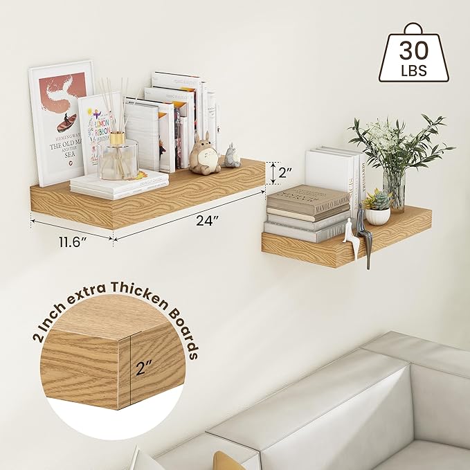 Deep Floating Shelves, 12 Inch Deep Rustic Floating Shelves Set of 2, 24 Inch Large Oak Wood Wall Mounted Shelves for Books Living Room Laundry Room Bedroom Kitchen Home Office - Oak