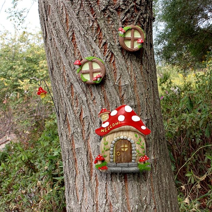 Garden Fairy Decor for Outside Wall Tree Decoration Fairy Door and Window Accessories, Butterfly Mushroom Leaves Fairy House Kit, Fairy Garden Decor, Fairy Garden Decor, Fairy Garden Decorations