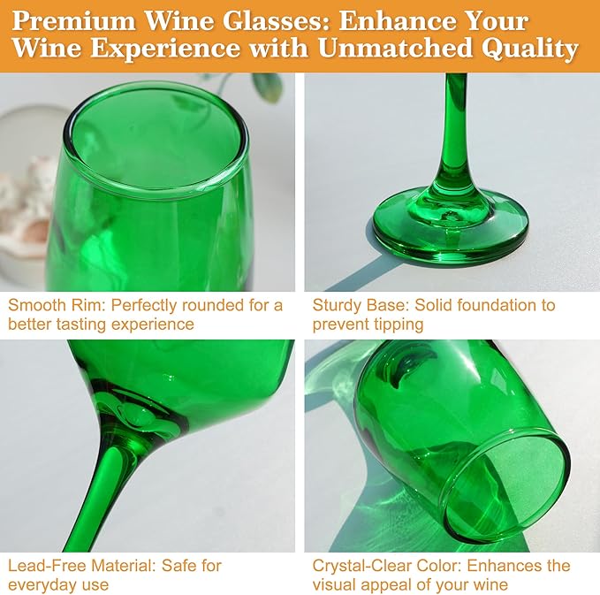 Green Wine Glasses Set of 6-14oz Long Stem Wine Glass, Pretty Crystal Glassware, Hand Blown Goblets Drinkware, Unique Stemware Wine Glass Holiday Gift Set