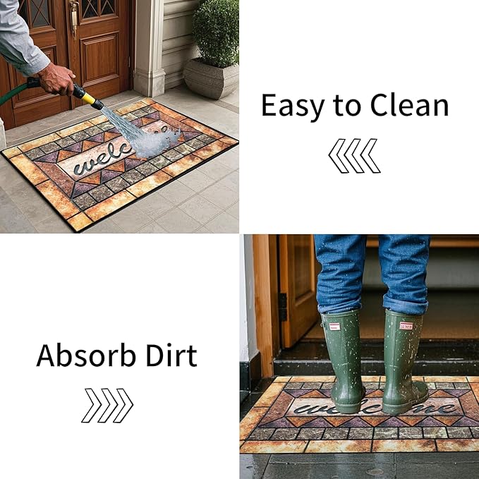 Door Mat Welcome Mat, Heavy Duty Door Mat 23.6 x 35.4 Inch Front Door Mat Rug Doormat for Outdoor Entrance Home Non-Slip Rubber Rug for Front Door, Outside, Entryway, Patio (Brown Welcome)
