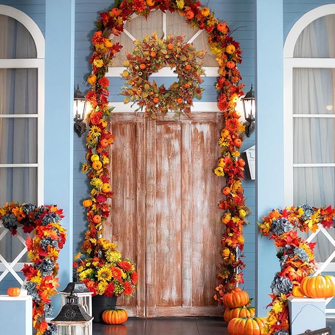 22 inch Artificial Fall Wreaths for Front Door,Autumn Wreath with Pumpkin and Maple Leaves Suitable for Indoor Outdoor Wall Porch Harvest Festival Thanksgiving Day Farmhouse Holiday Decor.