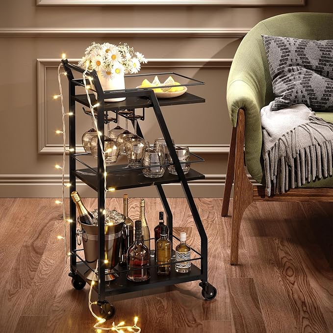 Bar Cart, Bar Cart for The Home, Small Bar Cart on Wheels, Beverage Cart, Home Bar Serving Cart with Glass Holder, Drink Cart for Bar, Kitchen, Dining, Marble Black and Black BC03BM
