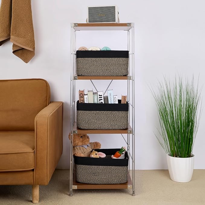 Large Storage Baskets for Shelves, Closet Organizers Bins for Clothes Blanket Towels, Baby Nursery, Toy Baskets Box, Woven Rope Baskets, 17 x 13 x 7.5”, 3 Packs Woven Brown
