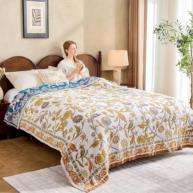 Fall Throw Blanket for Couch, Brown Boho Decorative Throw Blanket, 100% Cotton Muslin Breathable Woven Farmhouse Blankets Quilt, 90"x98" Reversible Lightweight Blankets Bohemian Throw Quilt