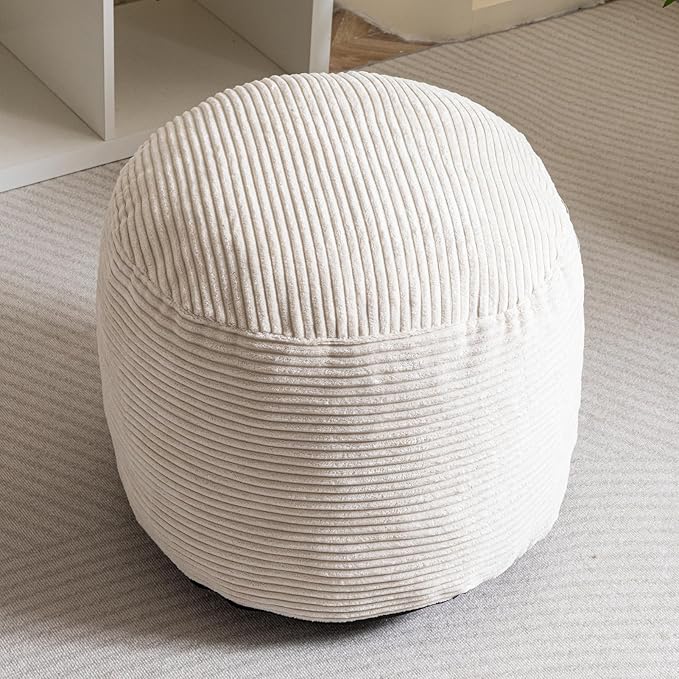HIGOGOGO Round Stuffed Pouf Ottoman, Corduroy Poufs with Foam Chunk Filling, Furry and Fluffy Pouf Foot Stool Storage Ottoman, 20 X 15 Floor Poufs Foot Rest for Living Room, Beige