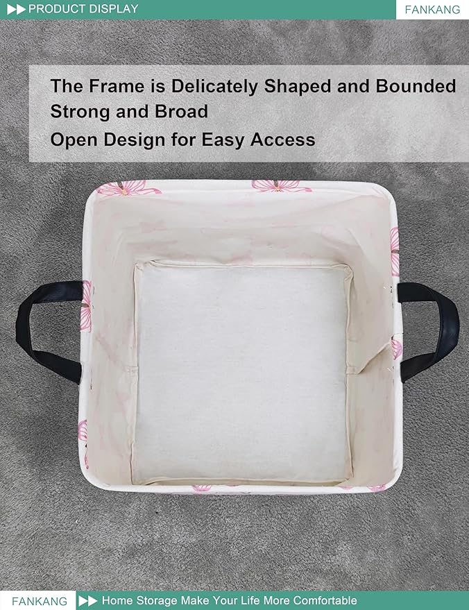 FANKANG Square Nursery Hamper Storage Bins Canvas Laundry Basket Foldable with Waterproof PE Coating Storage Baskets Gift Baskets for Children, Office, Bedroom, Clothes（Square-pink butterfly ）