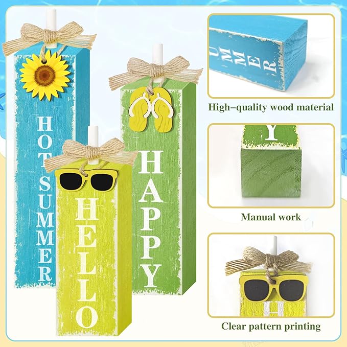 3 PCs Wooden Tiered Tray Decor Hello Happy Hot Summer Rustic Table Decor Block Signs for Beach Island Home Office Decorations (Summer-1)