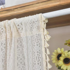 Sutuo Home Boho Sheer Curtain Valance Crochet Lace with Bohemian Hollow Knitted Handmade Tassels, Short Rustic Window Treatment for Kitchen Cafe, Rod Pocket, 1 Panel 59" W x 24" L,Beige