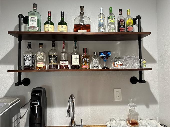 ROGMARS Industrial Pipe Shelves Shelving 48 inch with Solid Wood Planks Farmhouse Pipe Book Shelves Wall Mounted,Industrial Floating Shelves Bar Shelving Rustic Shelves 2 Tier for Kitchen,Living Room