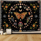 Aipon Orange Butterfly Moon Flower Tapestry Botanical Floral Plant Boho Tapestry for Bedroom Aesthetic Vintage Tapestries Wall Hanging for Living Room Dorm (60.00'' × 80.00'', Orange)