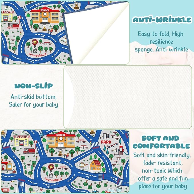 Kids Carpet Playmat Rug Player Car Rug,City Life Traffic Road Map Mat Educational Game Area Rug for Toddler Children Playroom Classroom Bedroom (Blue,6 x 9 ft)