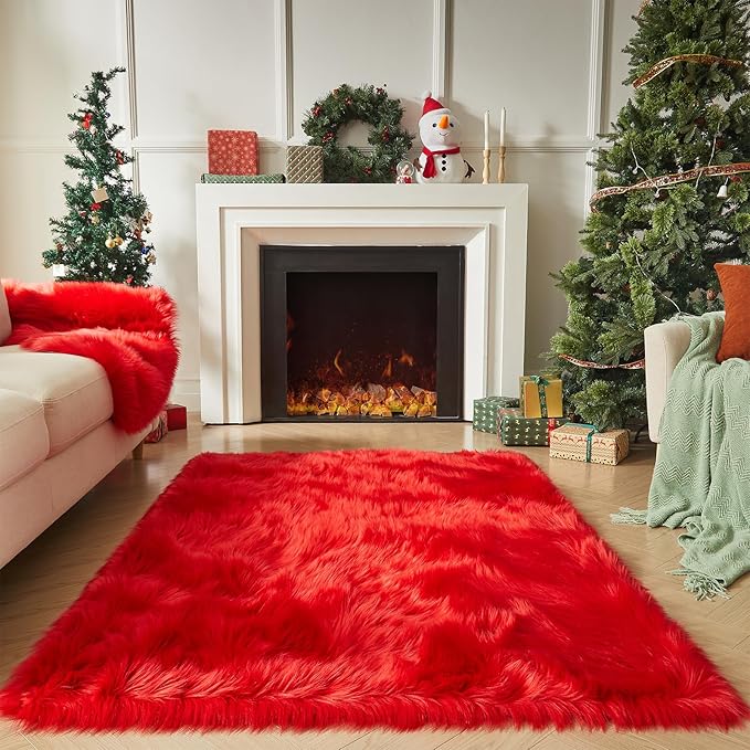 AMTOVO Faux Fur Sheepskin Rug for Living Room, 4 x 6 ft Red Fluffy Area Rug for Bedroom, Playroom, Luxury Room Decor, Rectangle