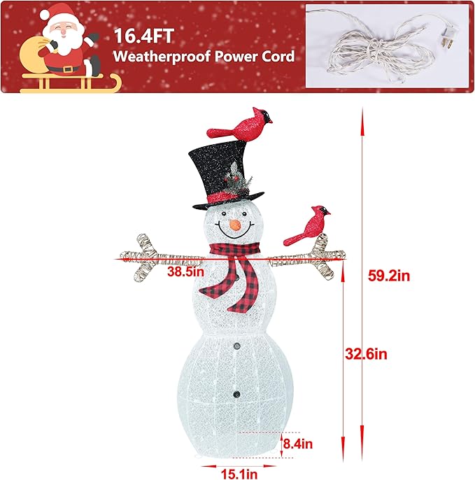 5FT Lighted Snowman with Birds for Christmas Decoration, 3D Pre-Lit Iridescent Snowman Xmas Decor with 90 LED Lights, Glittered Standing Holiday Display for Outdoor, Indoor