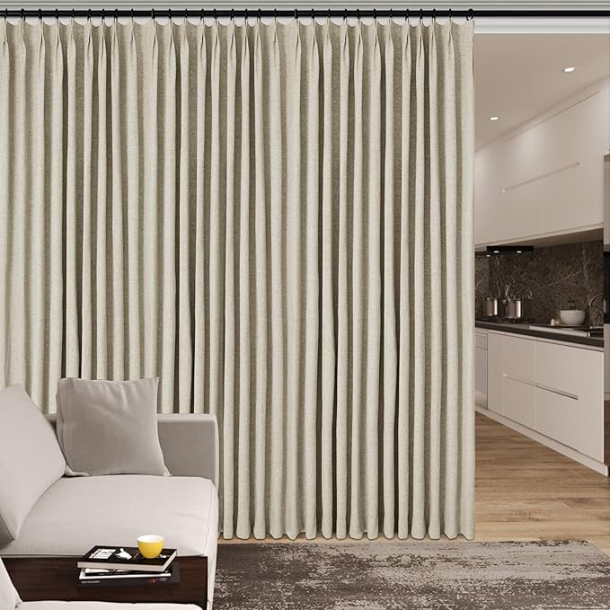 Beige Pinch Pleat 100% Blackout Drapes Linen Blend, Room Divider, Room Darkening, Energy Saving, Furniture Protecting, Light Blocking Extra Wide Privacy Curtains, 200Wx102L, 1 PC