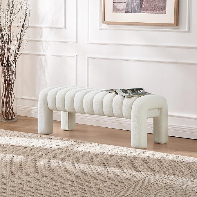 43.3" Bedroom Bench, Upholstered Entryway Bench, Modern End of Bed Ottoman with Solid Wood Legs and Adjustable Foot Pegs for Entryway, Dining Room and Living Room (White Teddy)